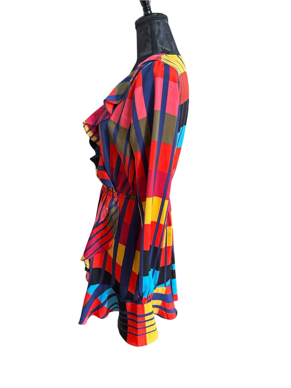 Express Multicolor Geometric Ruffle Wrap Mini Dress Medium - Picture 4 of 9